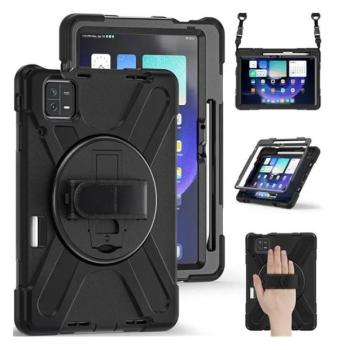 Xiaomi Pad 6 (11.0) / Pad 6 Pro (11.0), Műanyag hátlap védőtok, szilikon belső, kitámasztóval, kézpánt, vállpánt, Defender, fekete kép