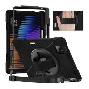 Xiaomi Pad 7 (11.2) / Pad 7 Pro (11.2), Műanyag hátlap védőtok, szilikon belső, kitámasztóval, kézpánt, vállpánt, Defender, fekete kép