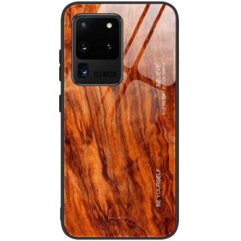 Xiaomi Redmi 8, Szilikon védőkeret, edzett üveg hátlap, fa minta, Wooze Wood, rozsdabarna kép