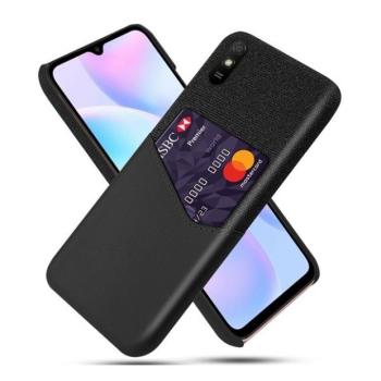 Xiaomi Redmi 9A / 9AT / 9i, Műanyag hátlap védőtok, közepesen ütésálló, textil bevonat, bőrhatású hátlap, kártyatartóval, fekete kép