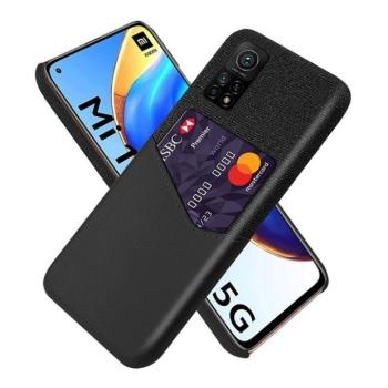 Xiaomi Redmi K30S / Mi 10T 5G / 10T Pro 5G, Műanyag hátlap védőtok, közepesen ütésálló, textil bevonat, bőrhatású hátlap, kártyatartóval, fekete kép