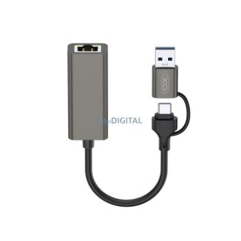 XO adapter HUB HUB018 2w1 USB-USB-C - RJ45 szürke kép
