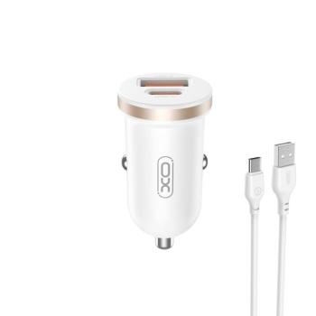 XO CC56 autós töltő 1x USB-A 1x USB-C + USB-A - USB-C kábel PD QC 30W - fehér kép