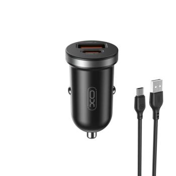 XO CC56 autós töltő 1x USB-A 1x USB-C + USB-A - USB-C kábel PD QC 30W - fekete kép