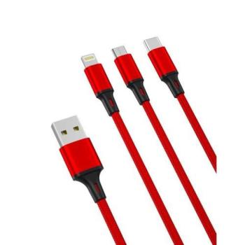 XO NB173 3in1 iPhone 8pin-Type-C Micro USB piros adatkábel 1.2m 2.4A kép