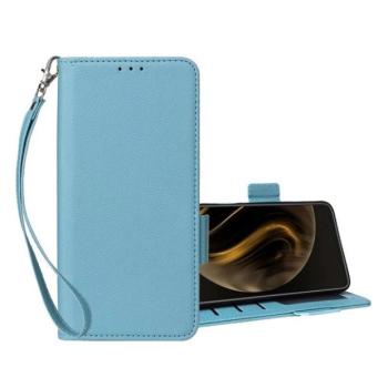 ZTE Blade A72s, Oldalra nyíló tok, stand, kártyatartóval, kézpánttal, bőrhatású, prémium, világoskék kép